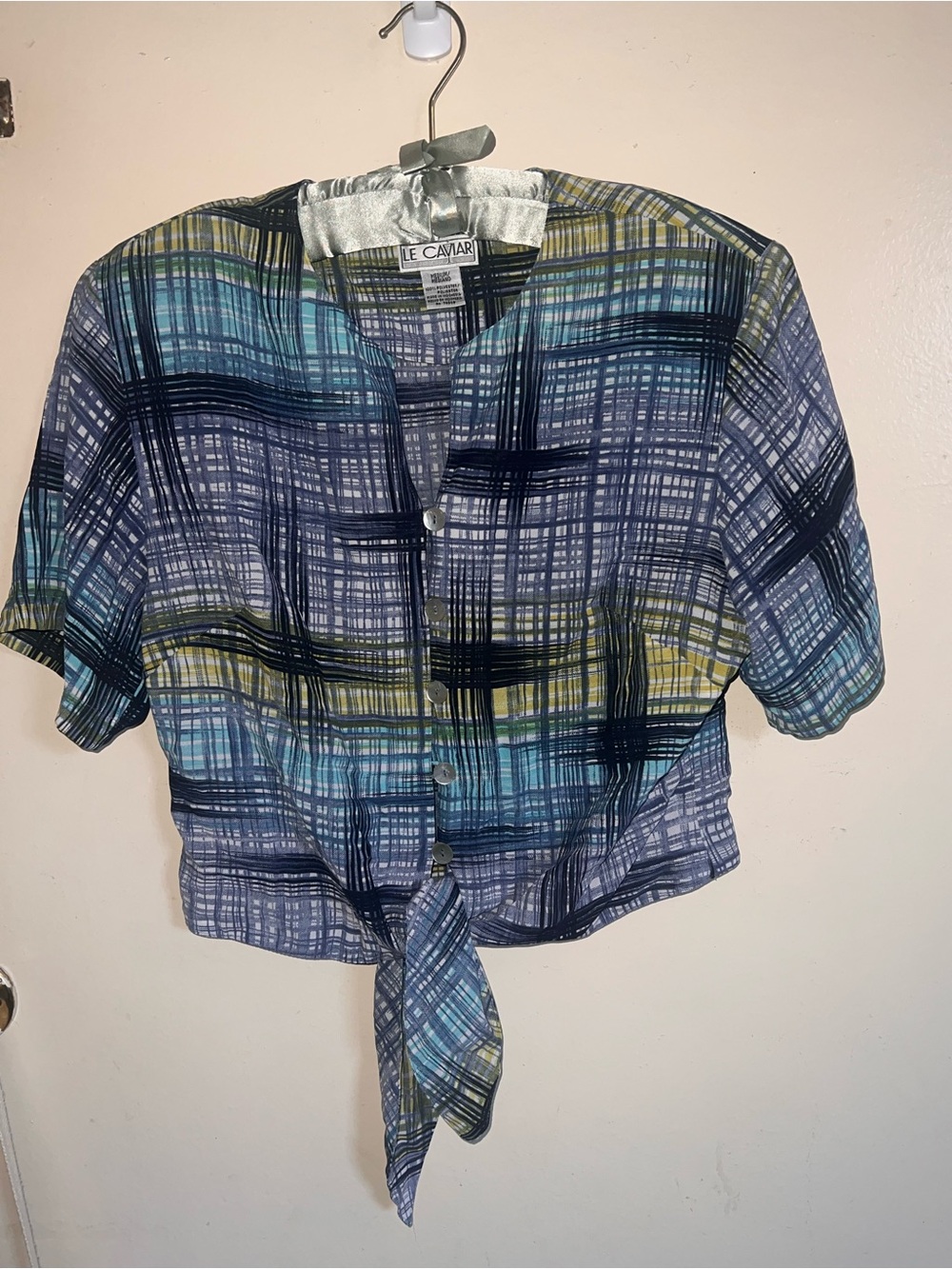 Le Caviar Blue Plaid Tie-Front Short Sleeve Blouse